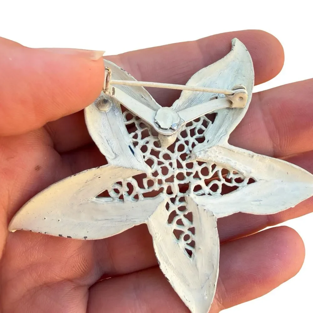 Vintage Enamel Starfish Brooch Blue Flower Pin